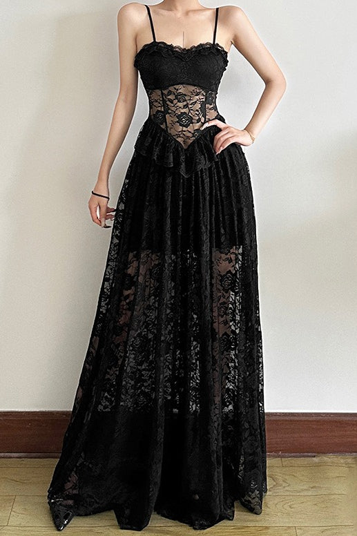 Sleeveless Edition Ruffled Waist Maxi Lace Dress