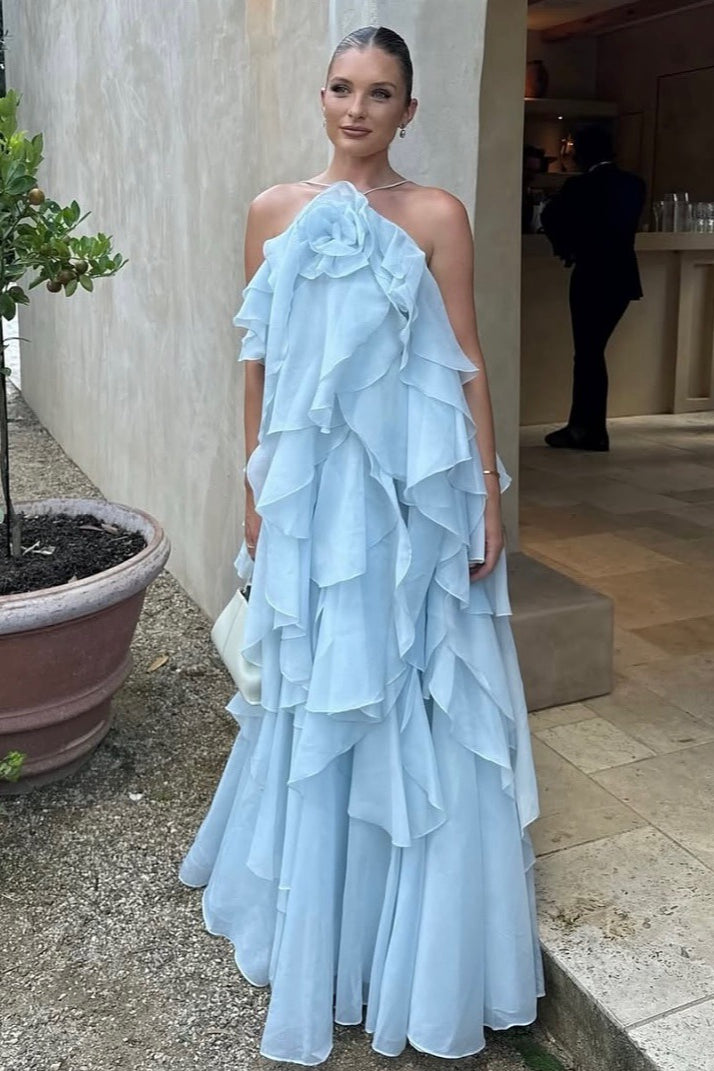 3D Floral Halter Spaghetti Strap Graceful Prom Dress