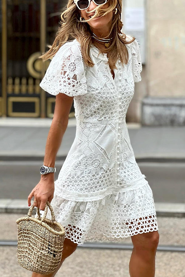 Effortless Gilda Sweet Valor Crochet Lace Mini Dress with Puff Sleeves and Buttons Elevated Occasion Wear