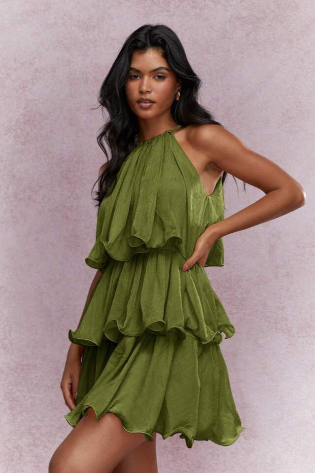 Sleeveless Halter Tiered Ruffle Vacation Dress