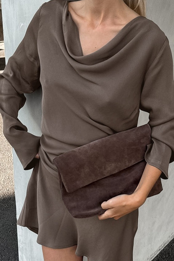 Neck Cowl Long Sleeve Fitted Midi Dress