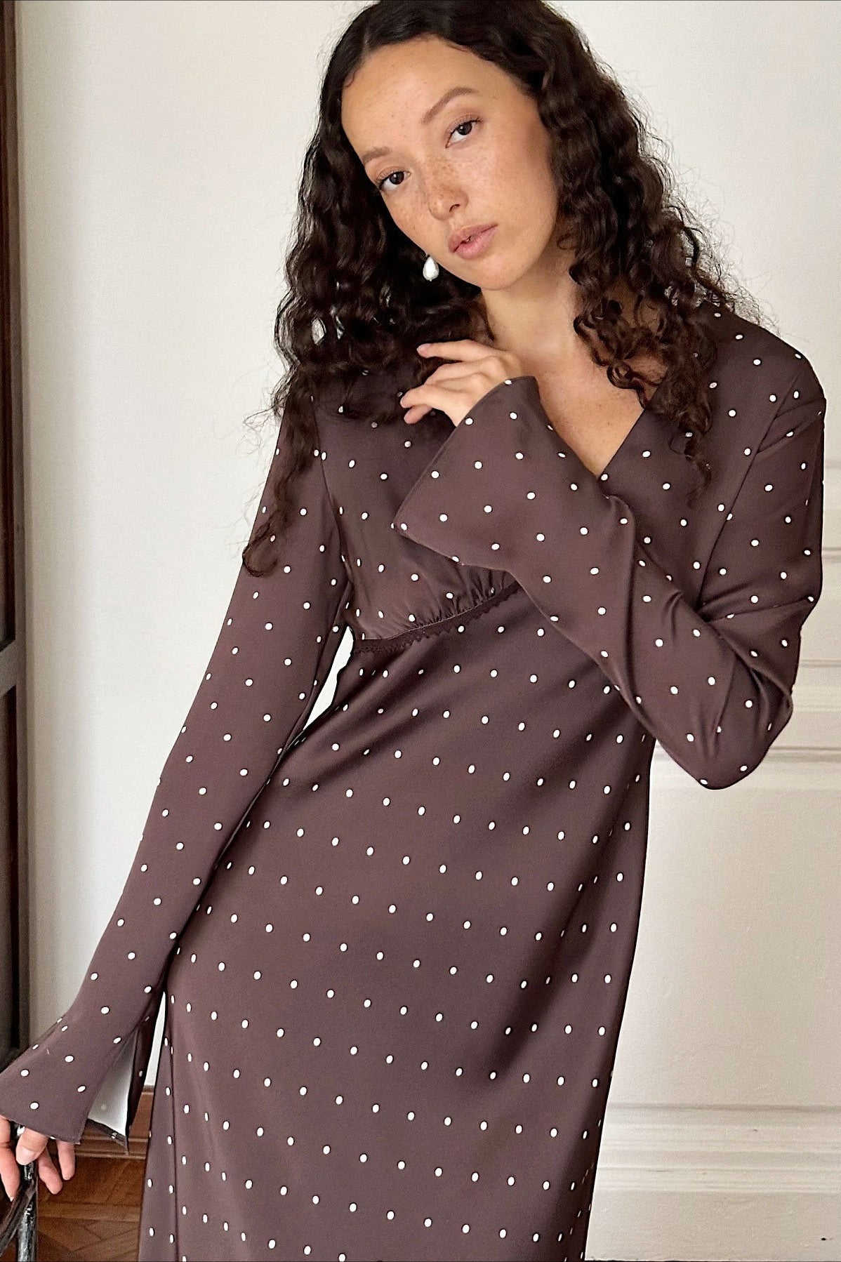 Polka Satin Dot V Neck A Line Midi Dress