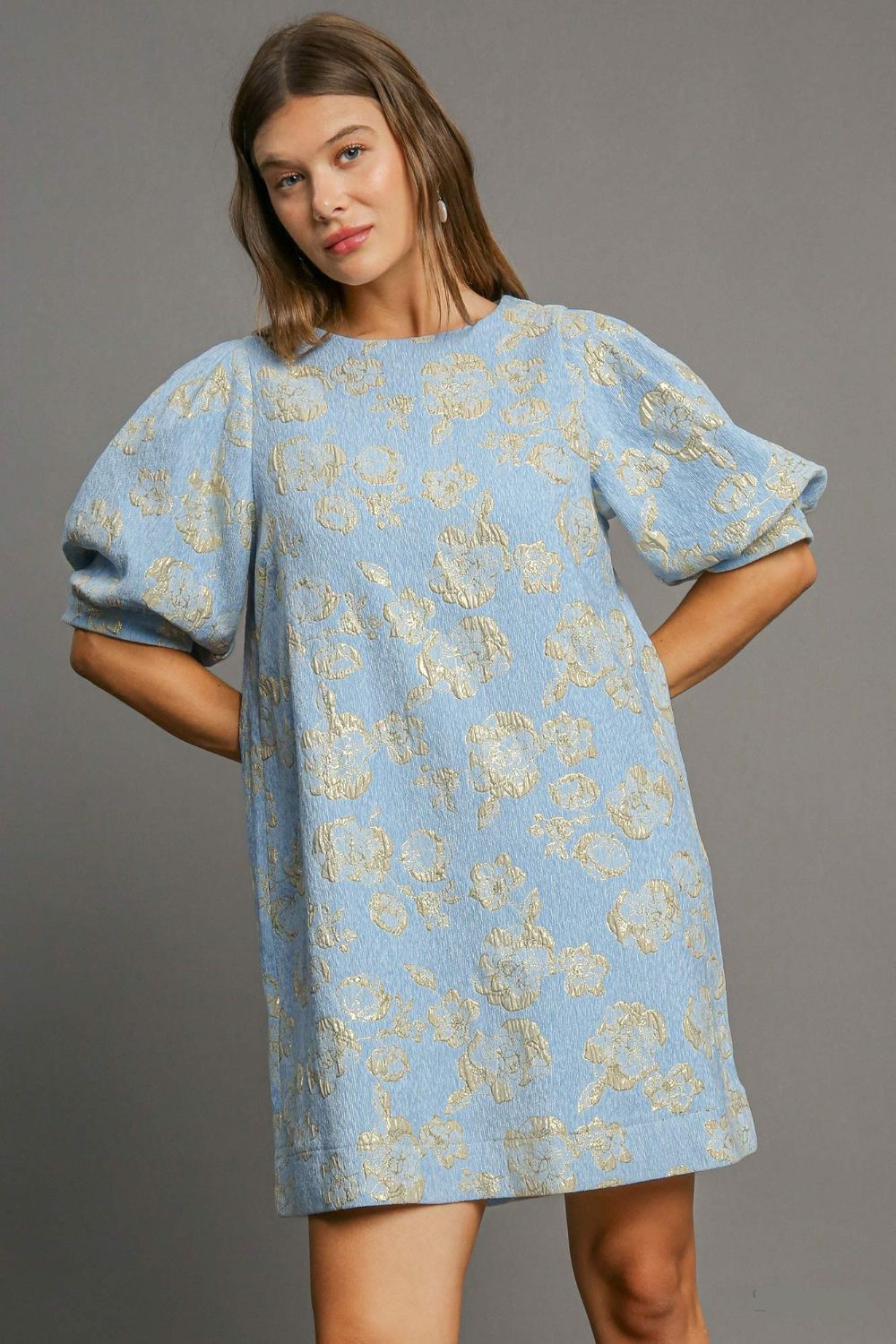 Eva Timeless Flower Jacquard Mini Dress with Puff Sleeves Premium Wardrobe Essential