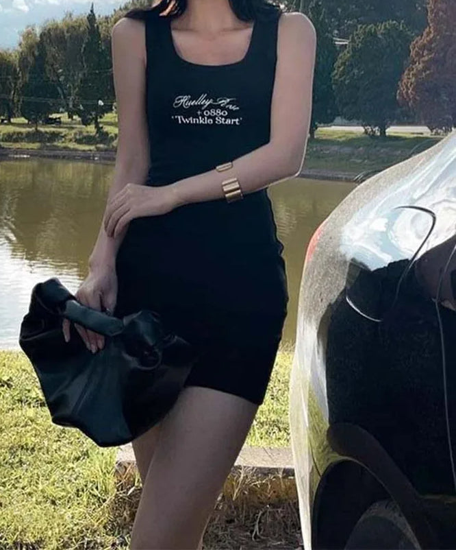 Letter Ribbed Print Bodycon Mini Dress