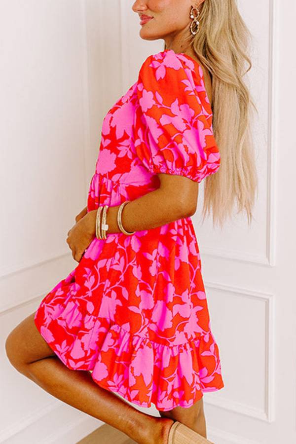 Elena Minimalist Red Bloom Ruffle Mini Dress with Bubble Sleeves and Sweetheart Neckline Designer Edit