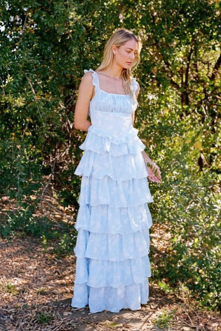 Flower Print Spaghetti Strap Romantic Prom Dress