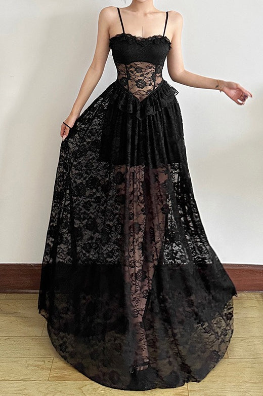 Sleeveless Edition Ruffled Waist Maxi Lace Dress