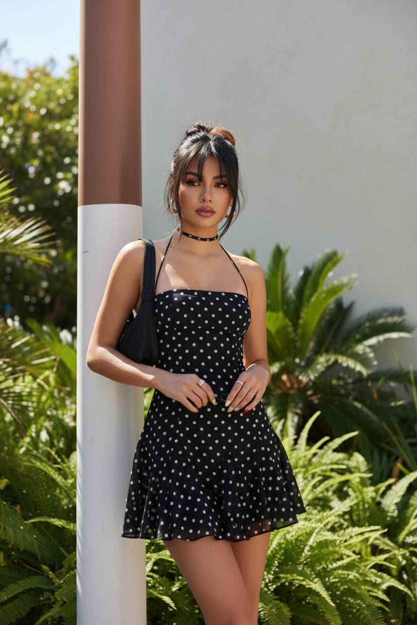 Dot Polka Halter Neck Backless Bodycon Mini Dress