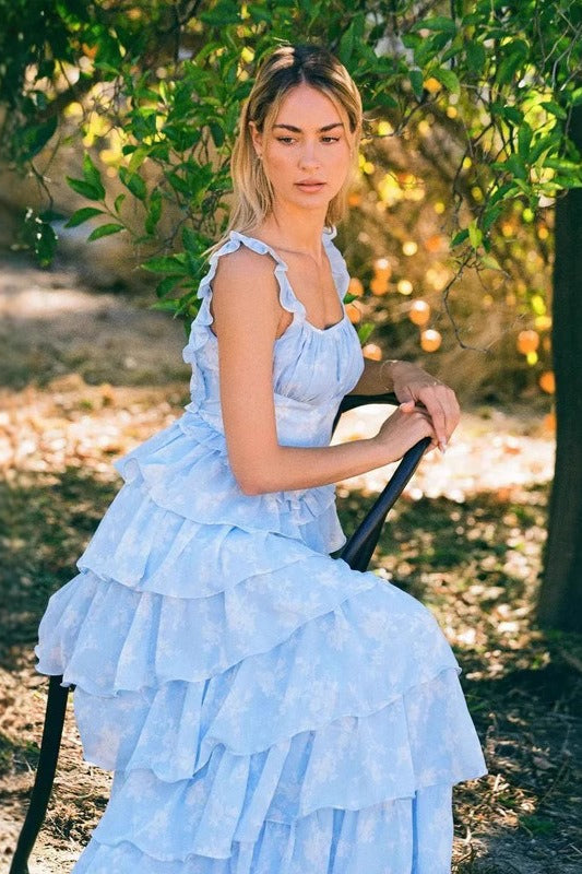 Flower Print Spaghetti Strap Romantic Prom Dress