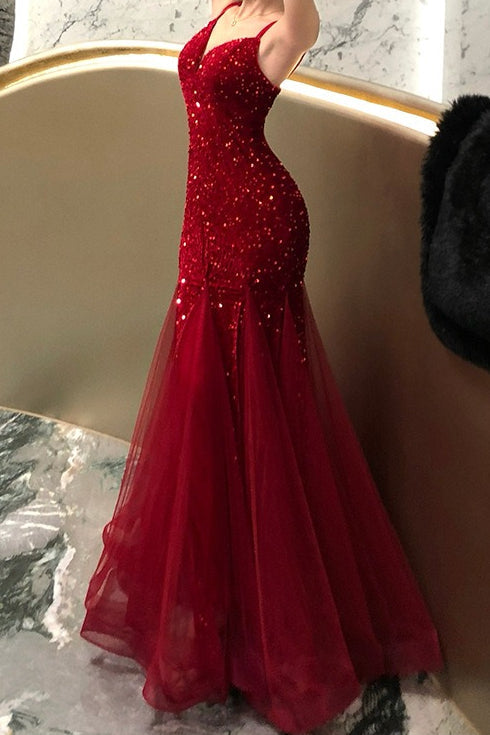 Chic Sequin Spaghetti Strap Evening Prom Dress