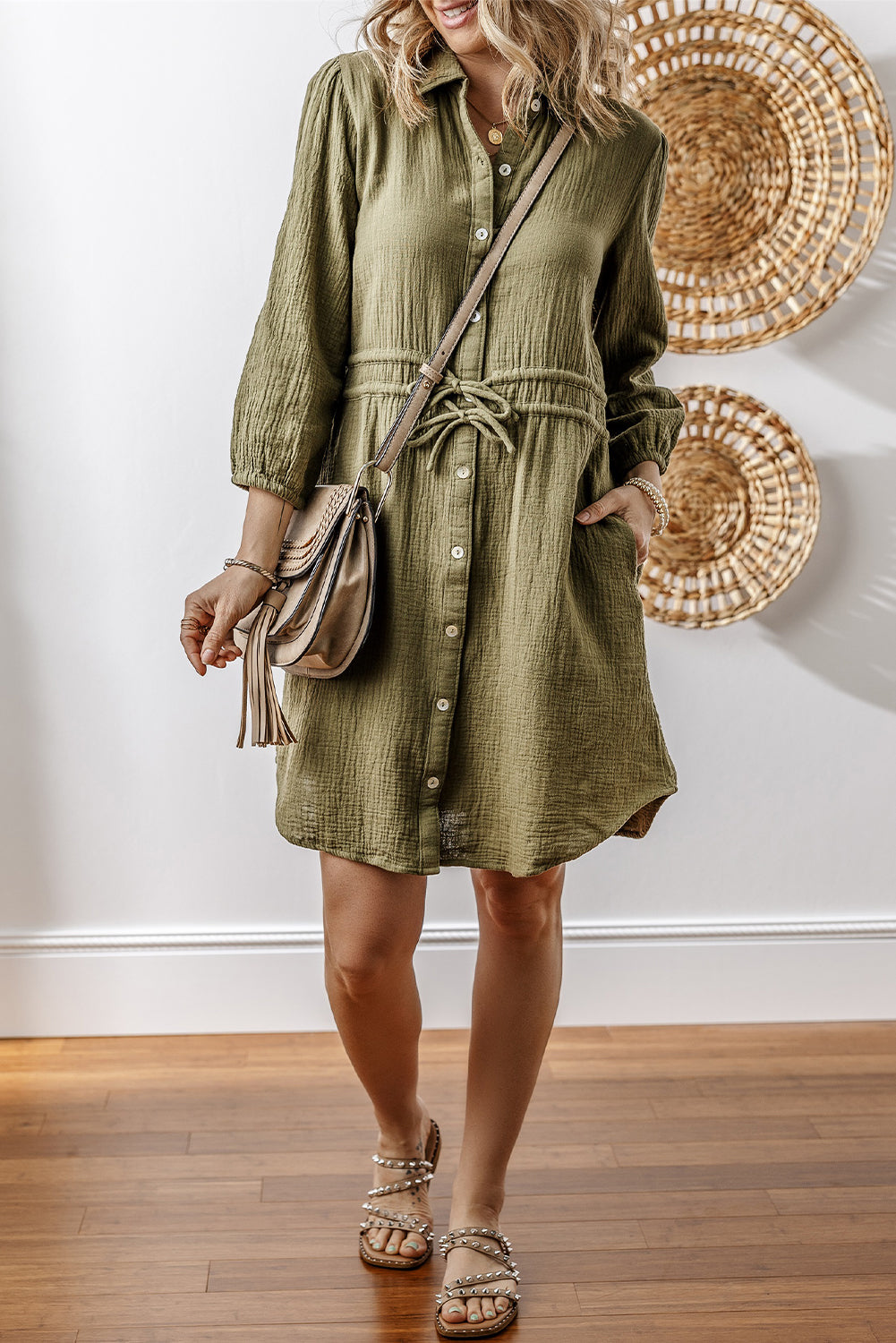 Green Jungle Textured Bracelet Sleeve Collared Button Up Dual Tied Mini Dress