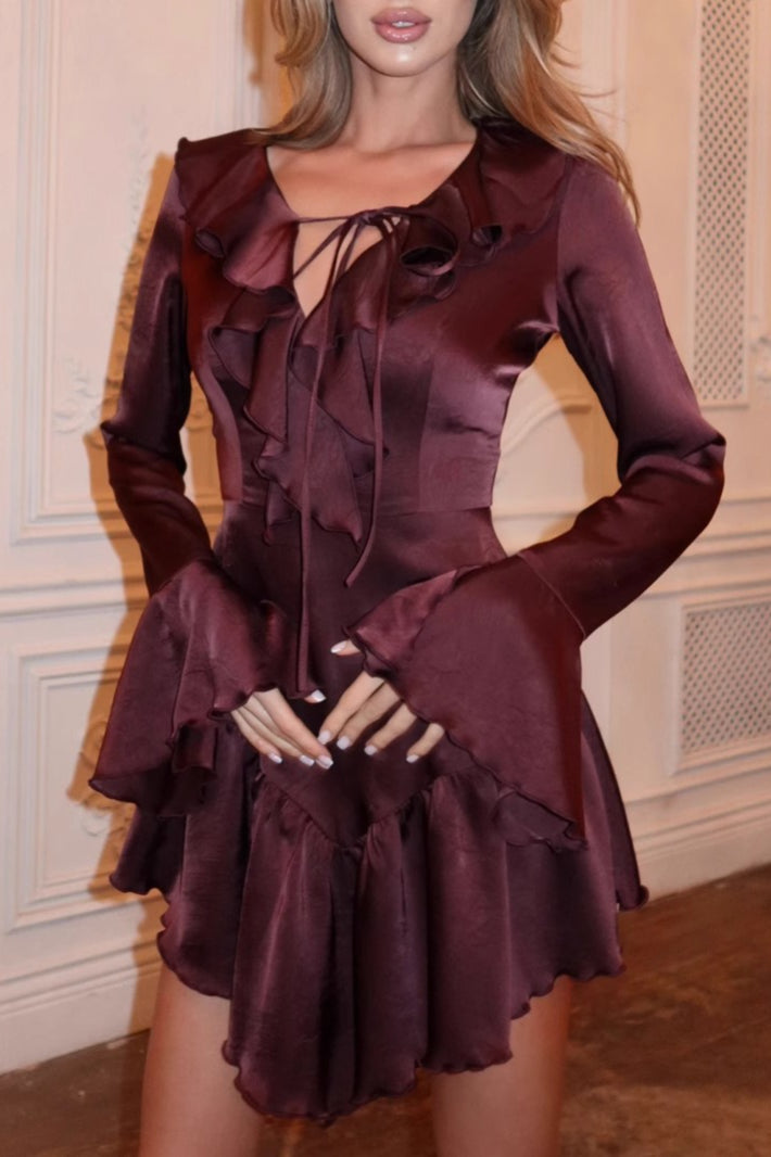 Neck V Ruffled Tie Midi Dress