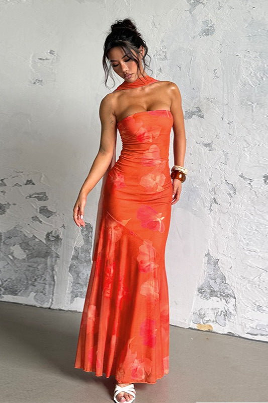 Glamorous Strapless Mesh Tie Detail Maxi Floral Dress