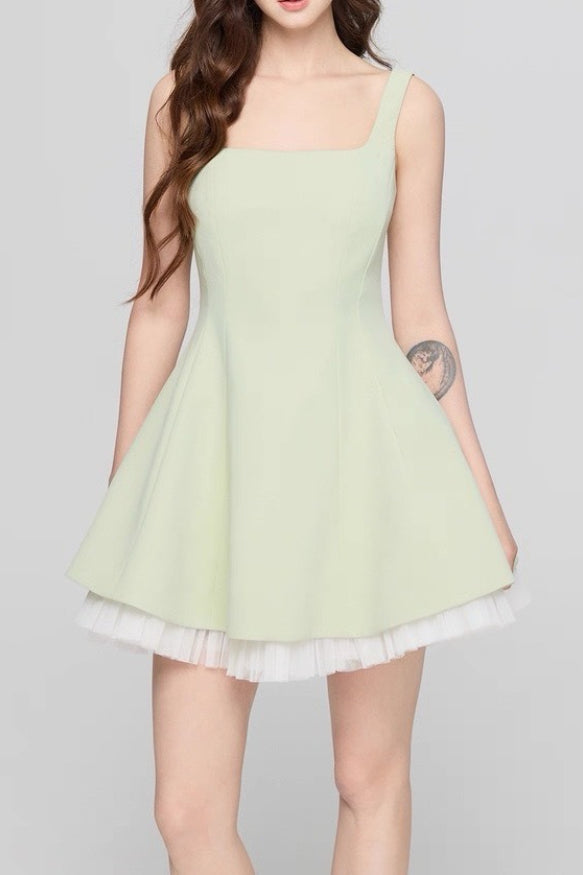 Neck Square Mesh Panel Mini Dress