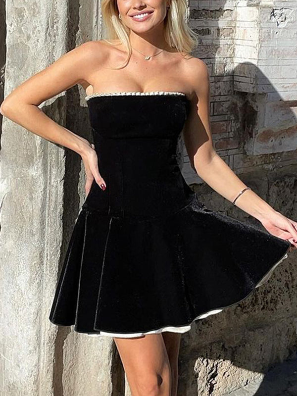 Black Classic Velvet Splice Pleated Bandeau Mini Dress