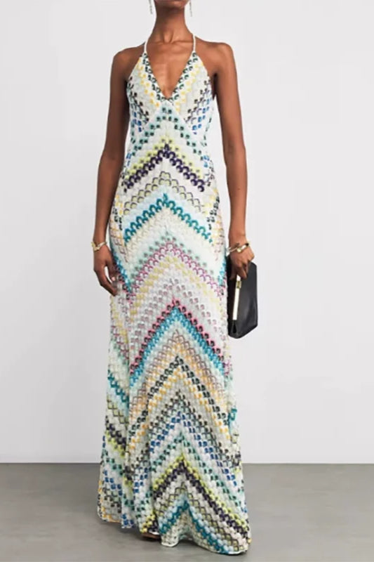 Contrast Color V neck Sleeveless Slim Maxi Dress