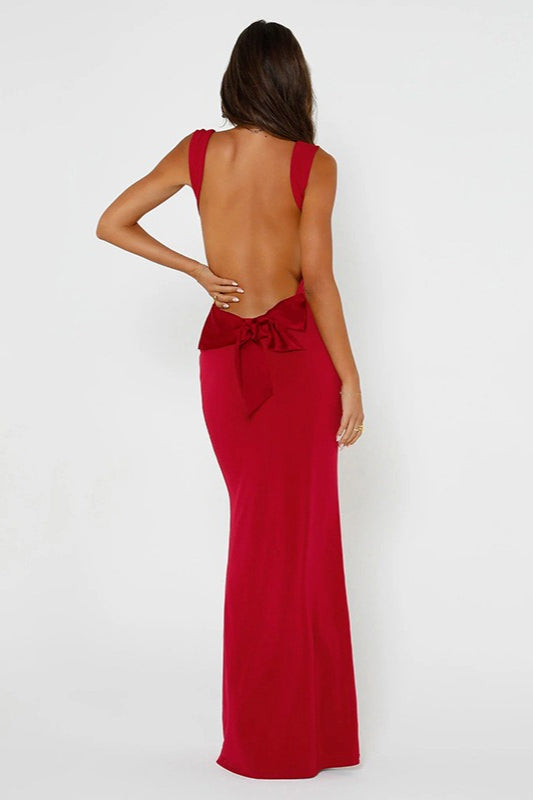 Bow Back Spaghetti Strap Maxi Evening Dress