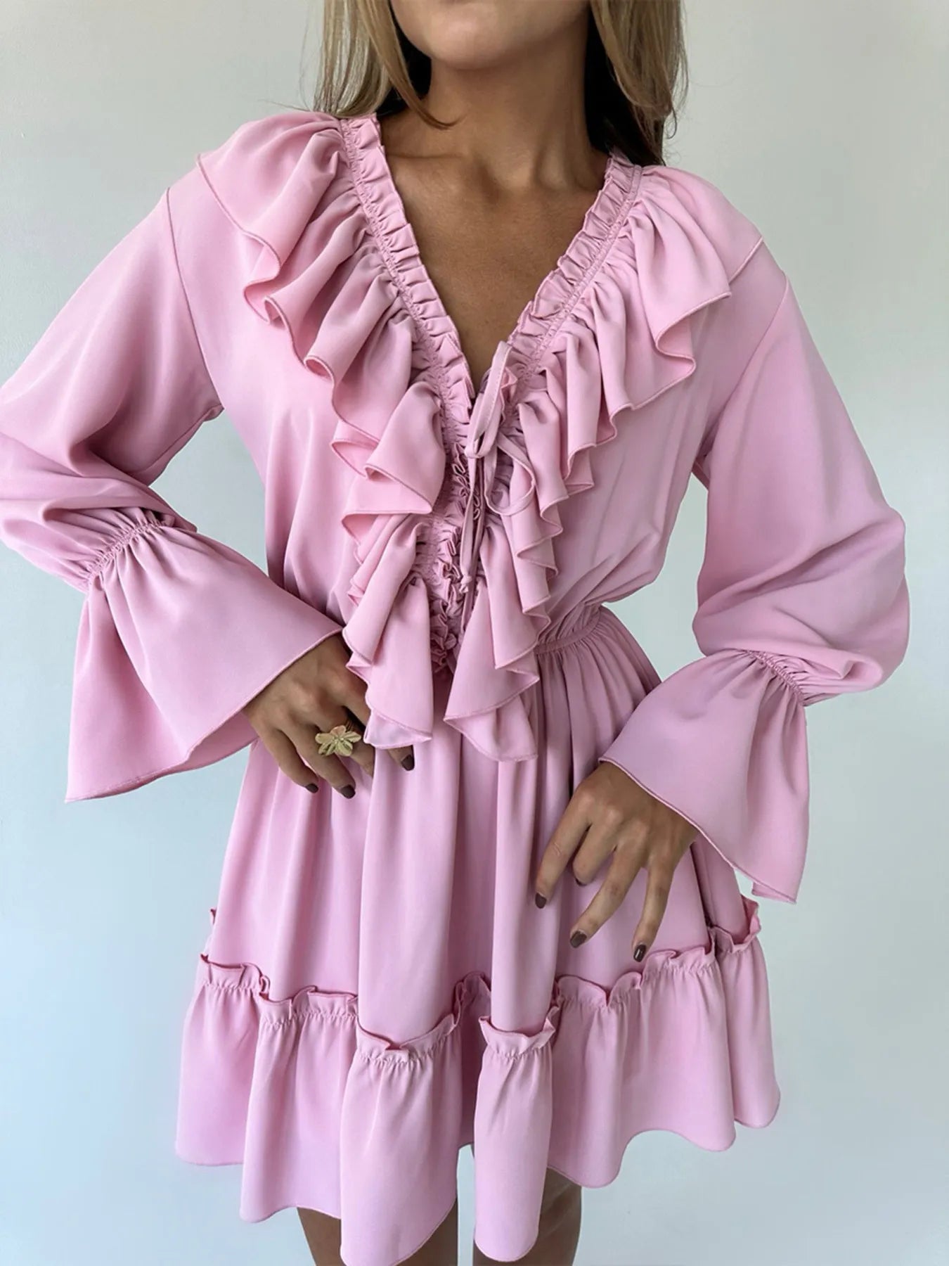 Aesthetic Martina Long Sleeved Mini Dress with Ruffle Designer Edit