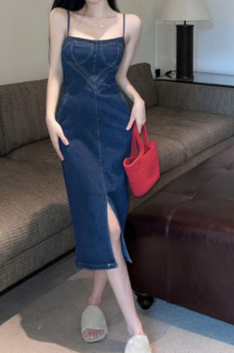 Retro Edition Split Maxi Denim Dress