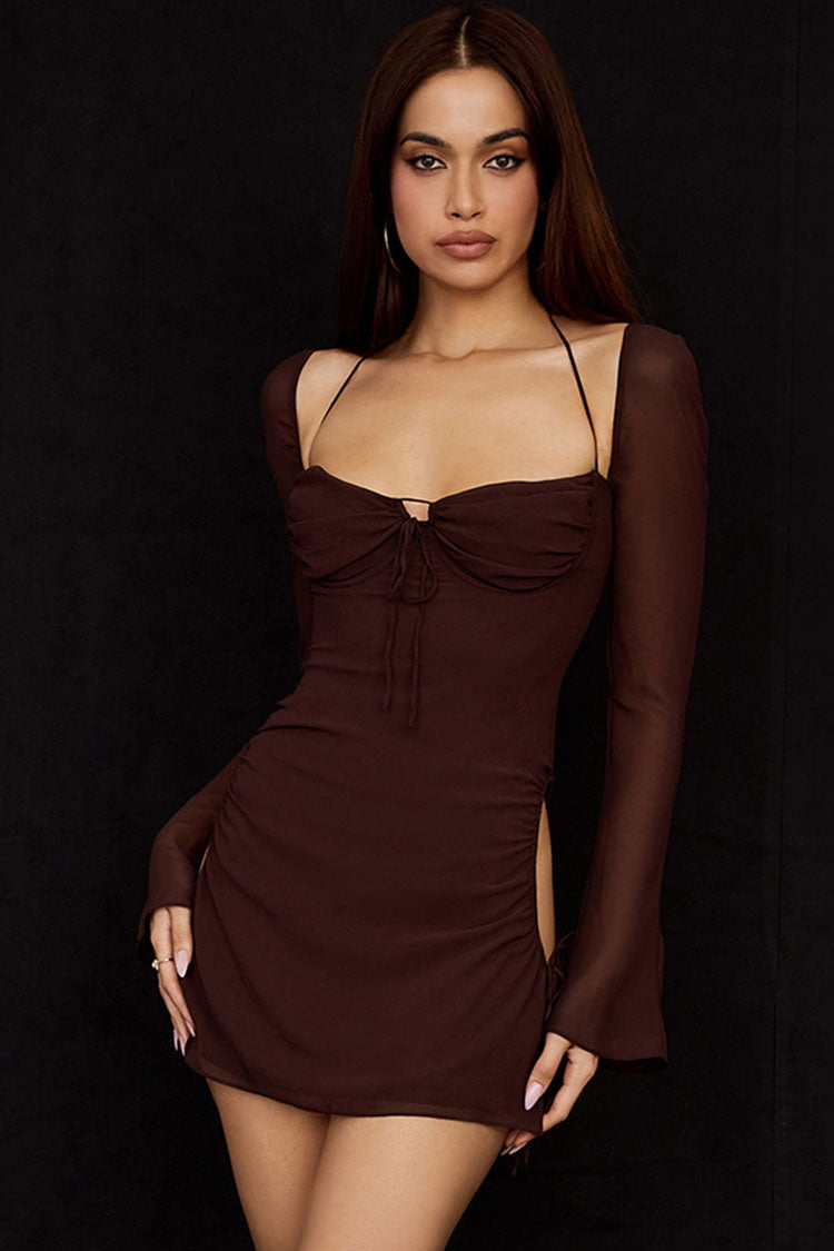 Halter Darling Neck Long Sleeve Cutout Club Mini Dress - Chocolate