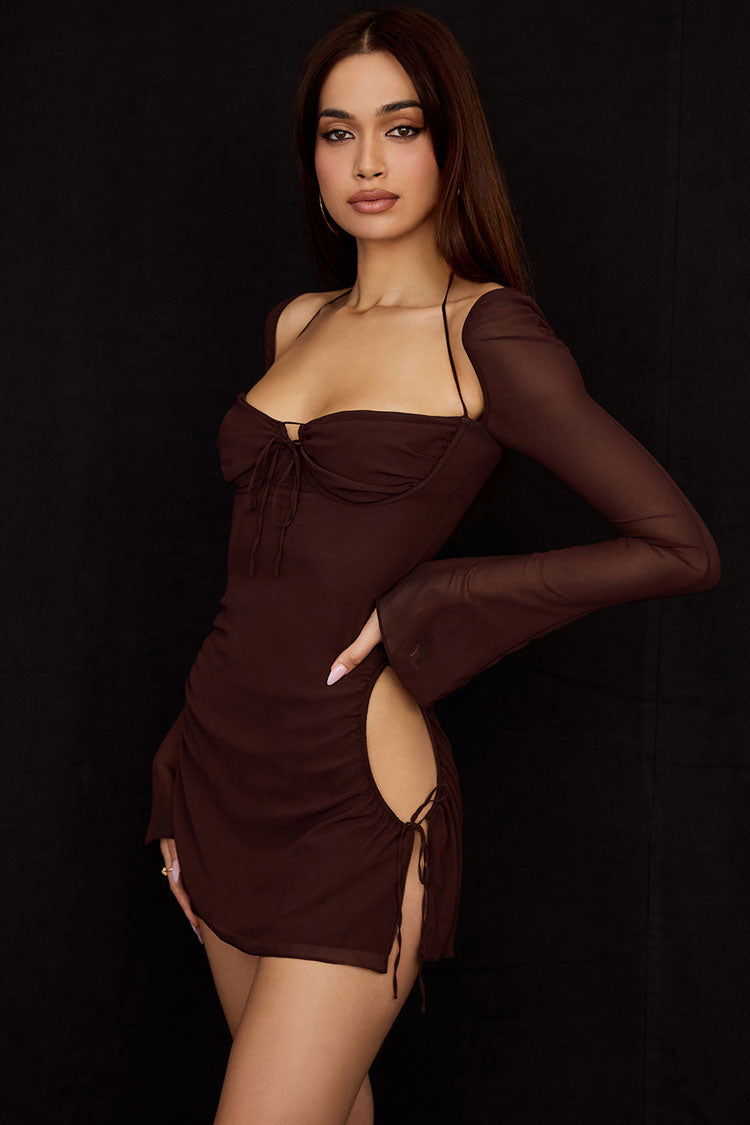 Halter Darling Neck Long Sleeve Cutout Club Mini Dress - Chocolate