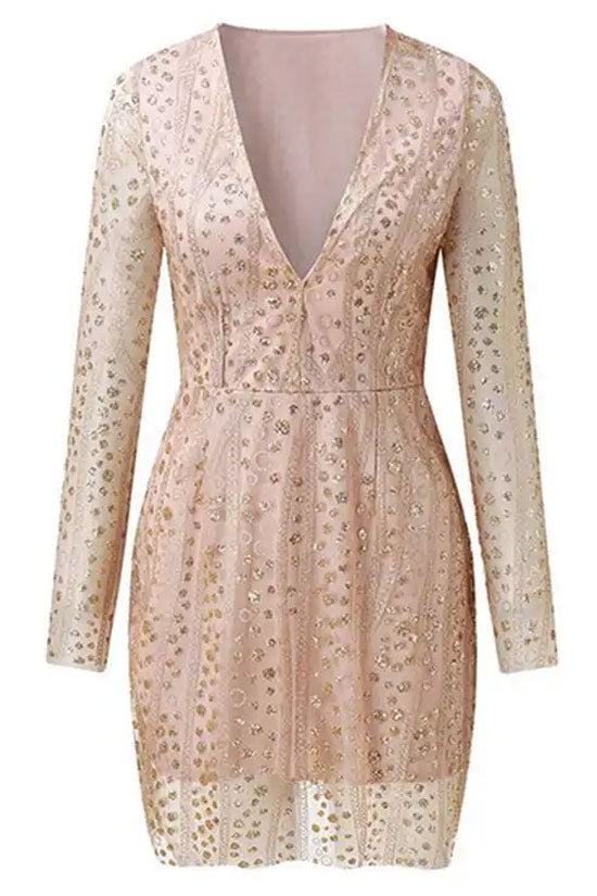Long Dazzling Sleeve Deep V Neck Mesh Mini Dress - Gold