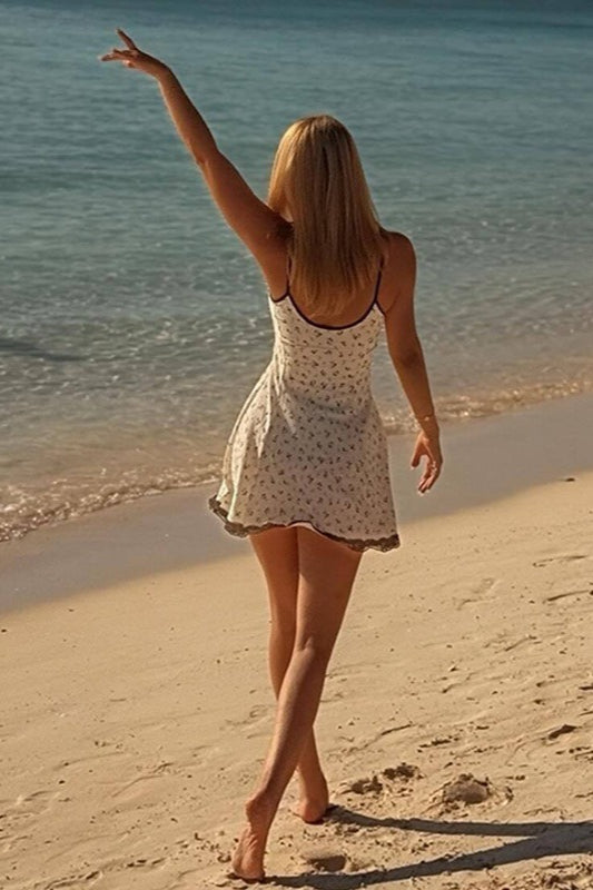 Vacation Ready Botanical Lace Trim Mini Dress
