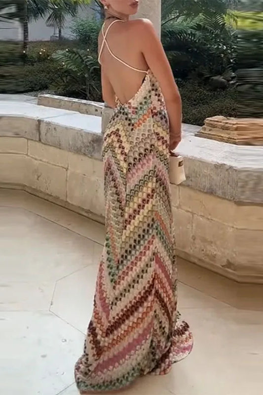 Contrast Color V neck Sleeveless Slim Maxi Dress