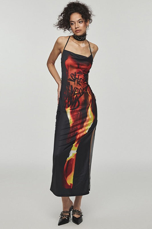 Print Flame Cami Backless Midi Dress