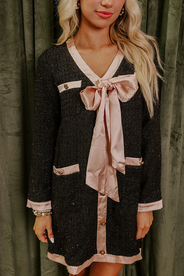 Premium Myrna Looking Fabulous Tweed Satin Bow Patchwork Pocket Mini Dress H Line Chic Silhouette Collection