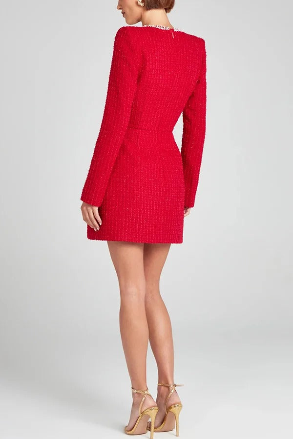 Timeless Lexi Girly and Mini Dress in Tweed Fabric with Beaded Trim, Long Slit Sleeves and Pockets Boutique Collection