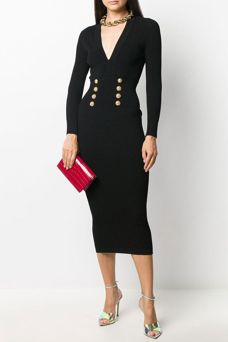 V Deep Button Trim Long Sleeve Cashmere Sweater Midi Dress - Black