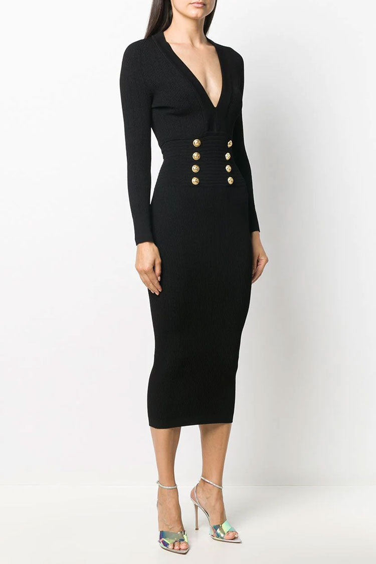 V Deep Button Trim Long Sleeve Cashmere Sweater Midi Dress - Black