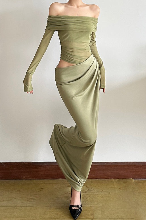 Off Shoulder Sheer Tulle Mesh Slim Fit Graceful Prom Dress