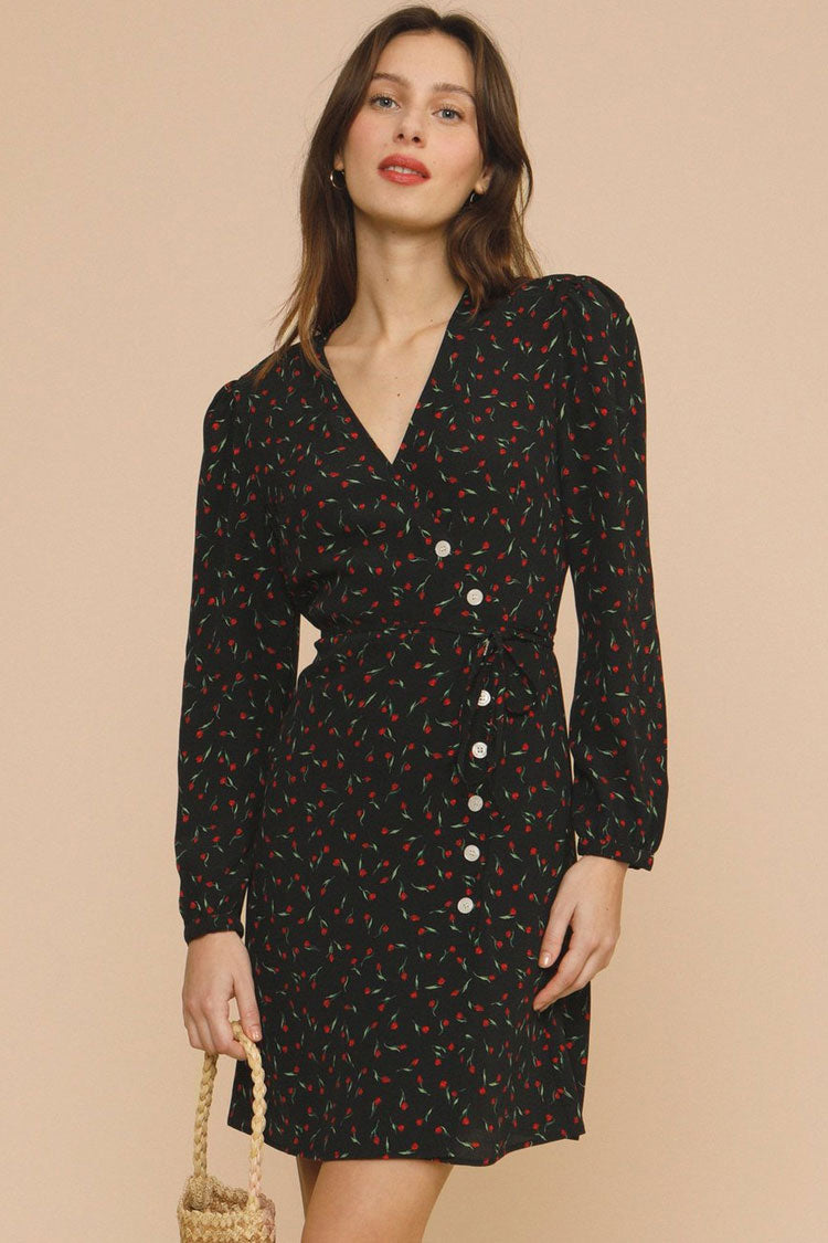 Ditsy Bloom Deep V Puff Sleeve French Wrap Mini Dress - Black