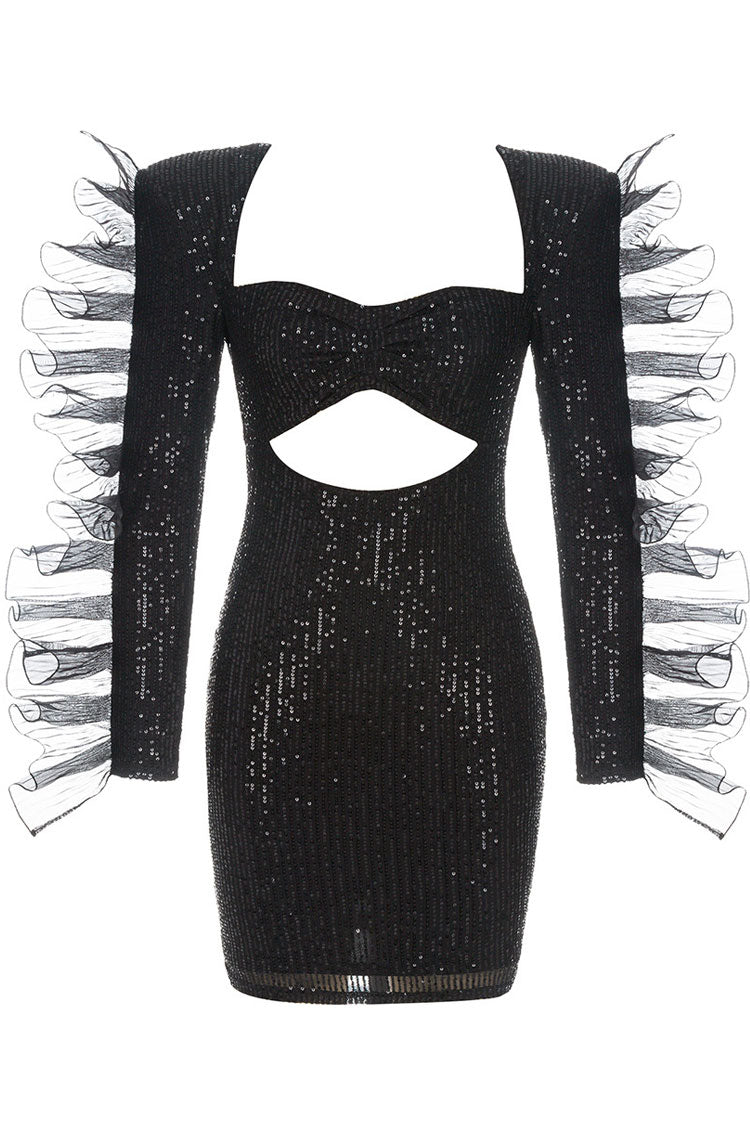 Shoulder Diva Pad Ruffle Long Sleeve Cutout Sequin Mini Dress - Black