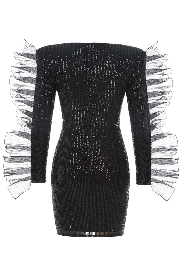 Shoulder Diva Pad Ruffle Long Sleeve Cutout Sequin Mini Dress - Black