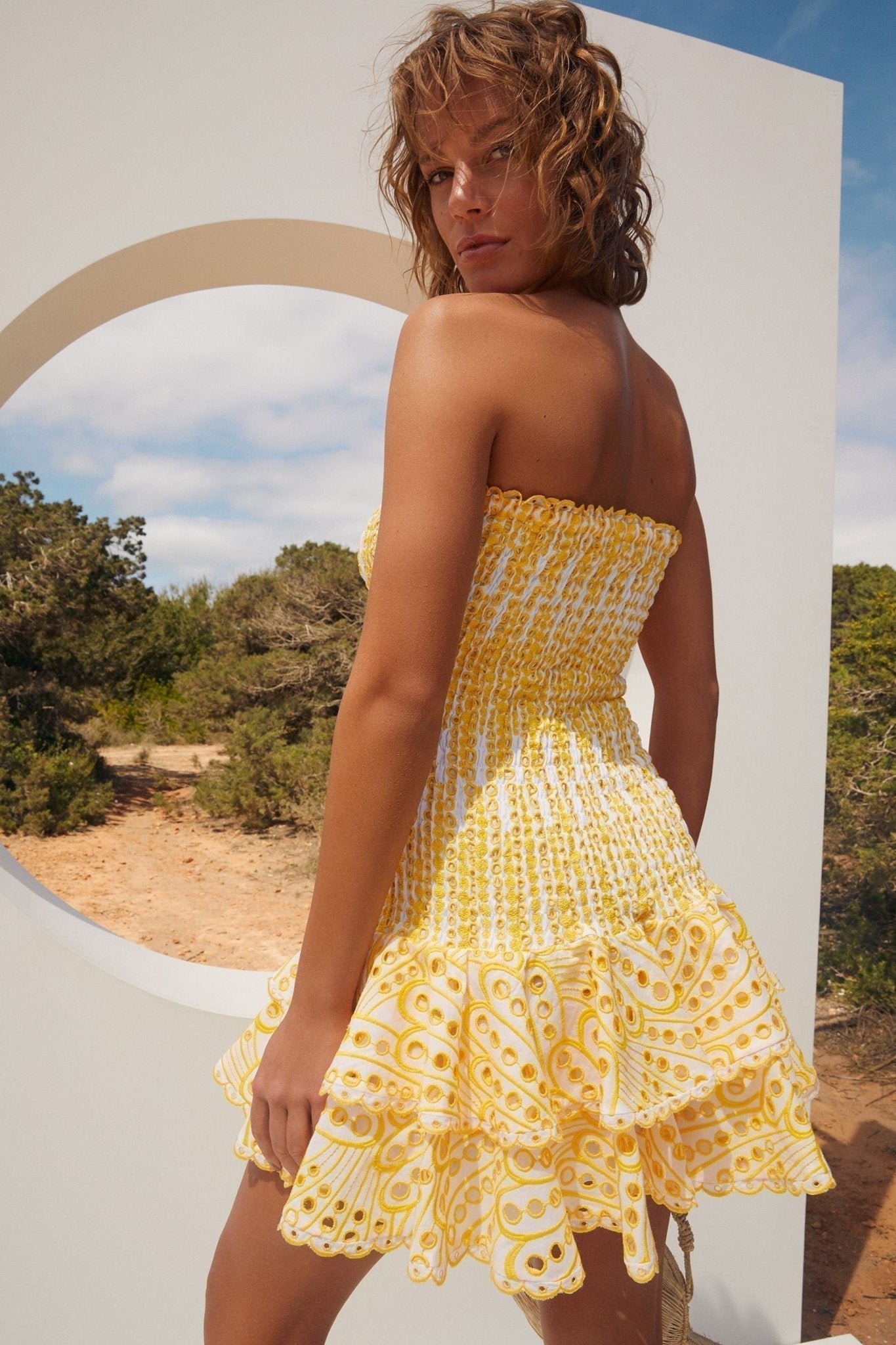 Statement Ornella Strapless, Figure Hugging Mini Dress with Embroidered Lace Elevated Occasion Wear