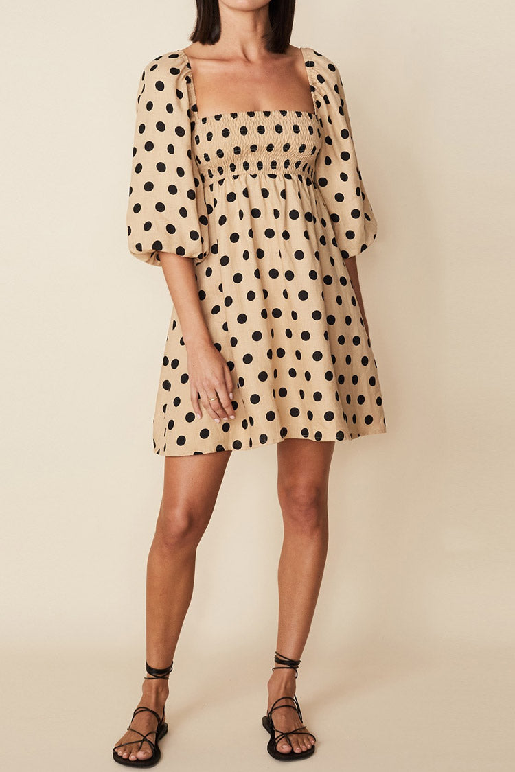 Puff Dotted Sleeve Square Neck Summer Mini Dress - Coffee