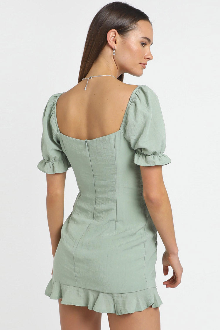 Ruched Drawstring Ruffle Bodycon Mini Dress - Sage Green