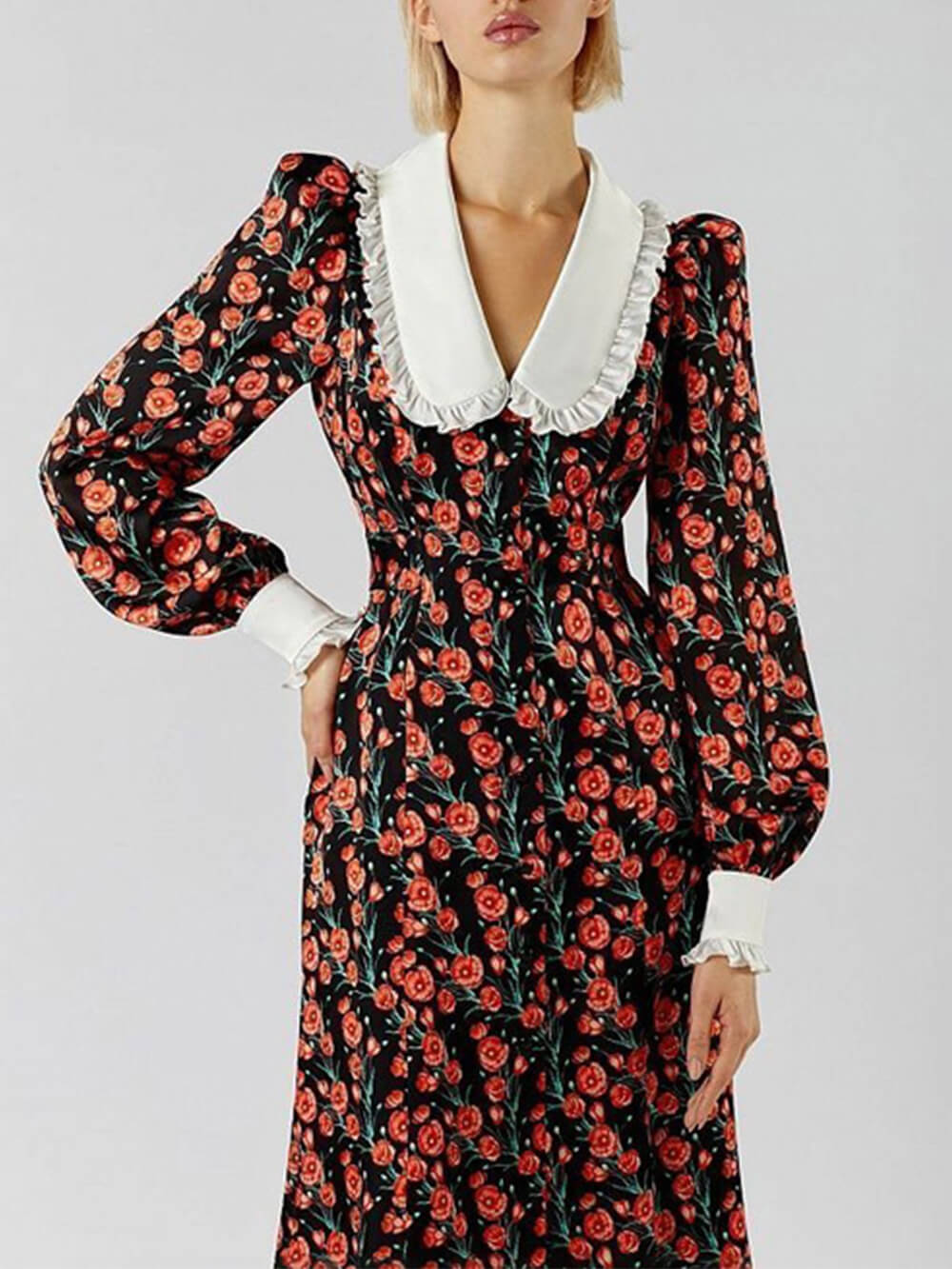 Doll Printed Collar Midi Dress