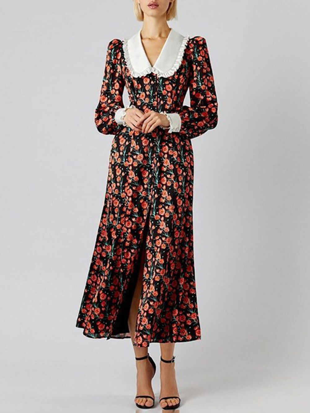 Doll Printed Collar Midi Dress