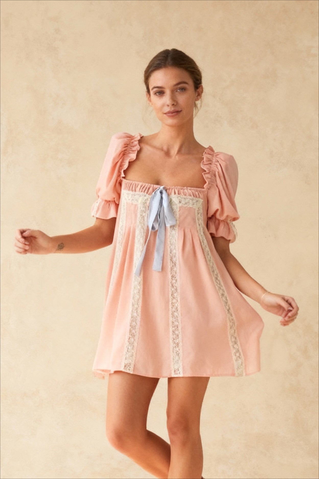 Neck Square Puff Sleeve Mini Dress