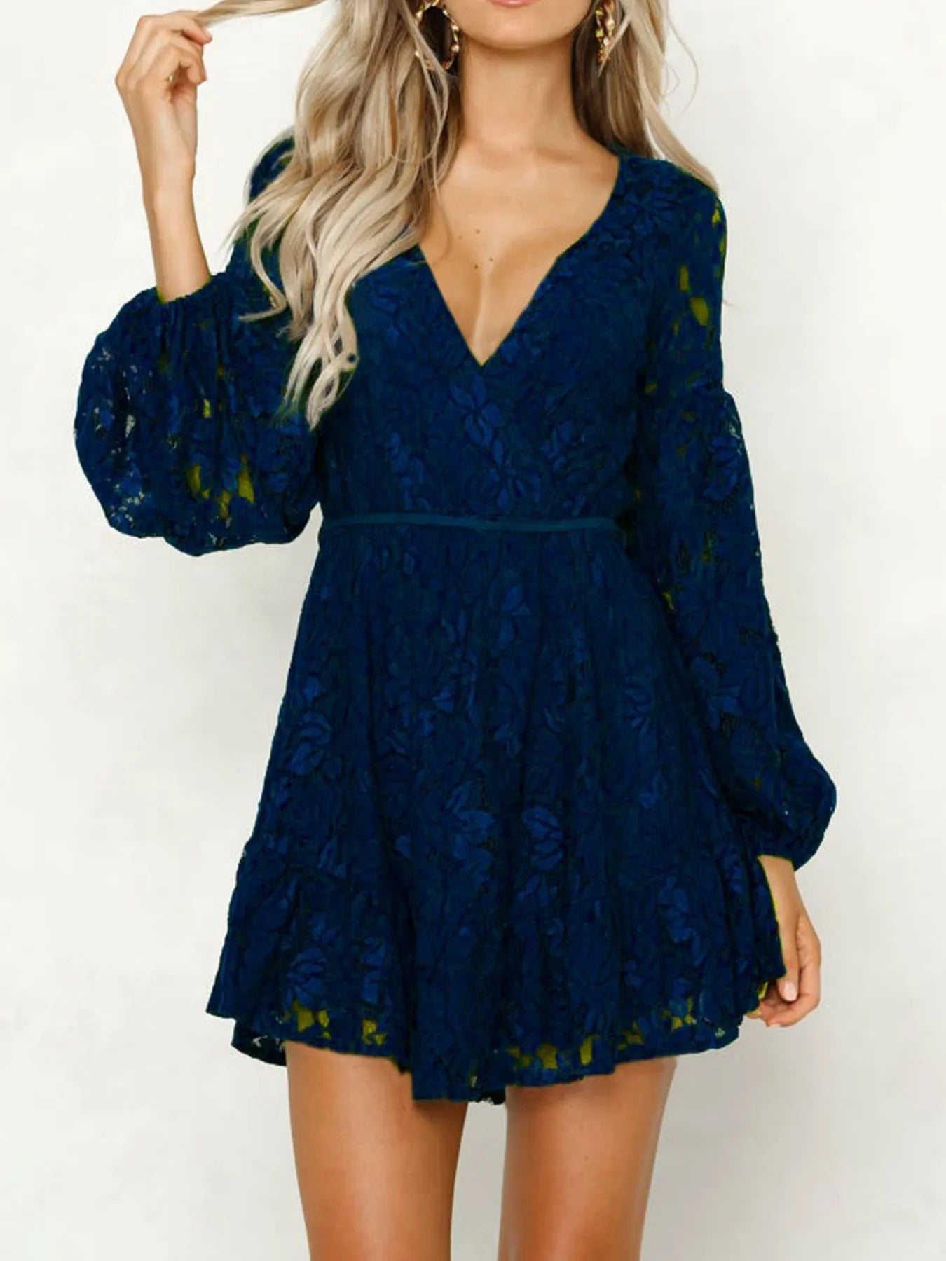 Exclusive Petra Chic Long Sleeved Lace Mini Dress with Deep V Neckline Designer Edit