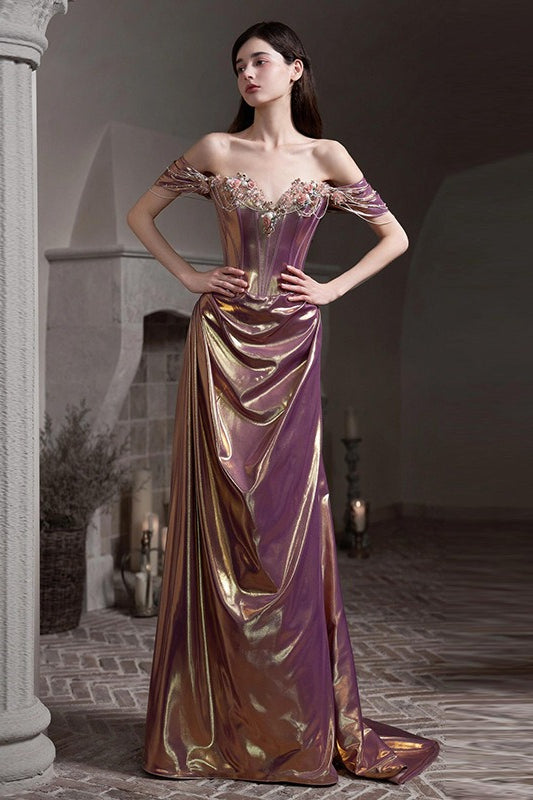 Off Shoulder Ruched Satin Graceful Prom Dress