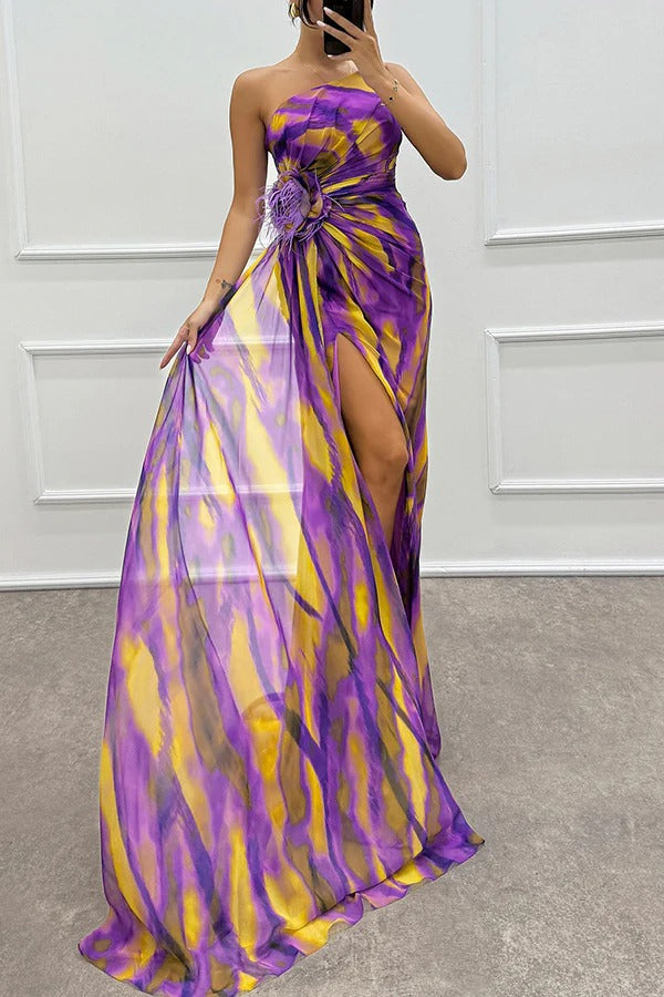 Renee Exclusive Amazing Views Off Shoulder Pleated Slit Maxi Dress with Feather Rose Detail in Watercolor Print Chic Silhouette Collection