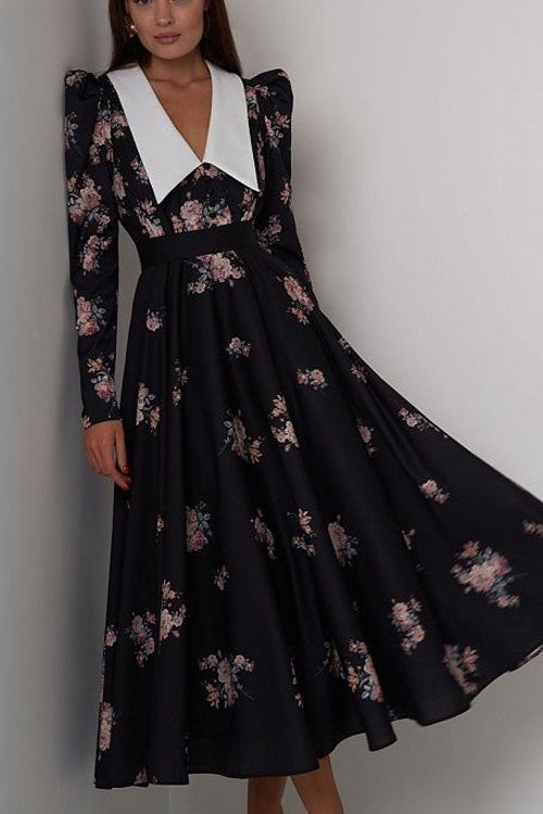 Flared Classic Print Slim Waist Floral Maxi Dress