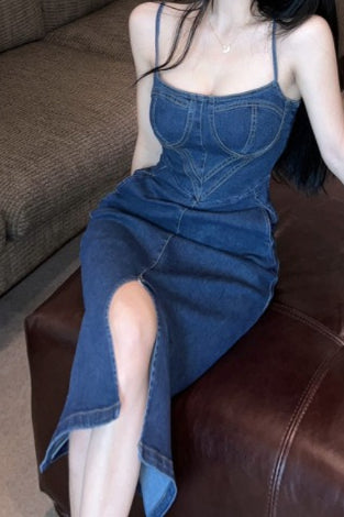Retro Edition Split Maxi Denim Dress