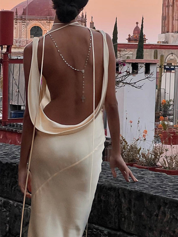Champagne Stylish Satin Backless Tie Up Maxi Dress