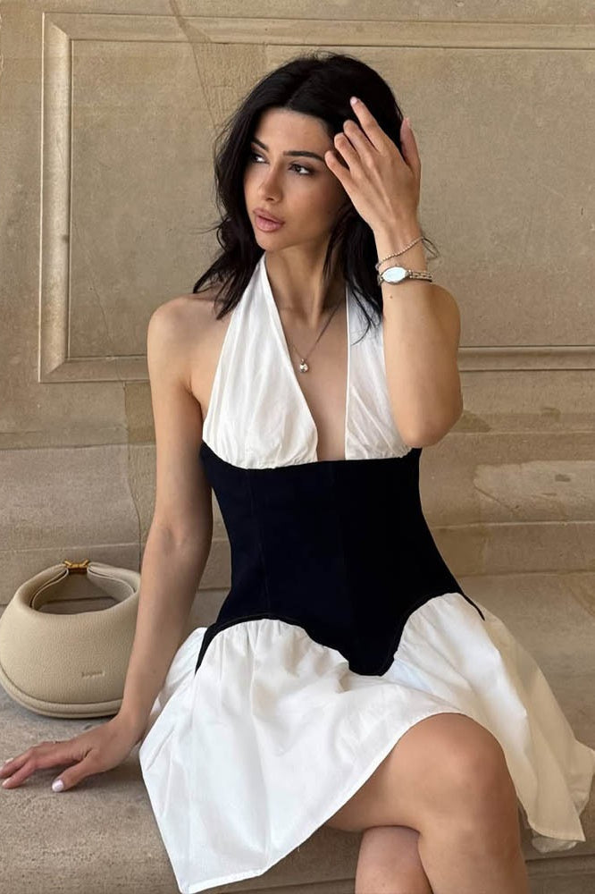 V Deep Neck Halter Bodycon Mini Dress